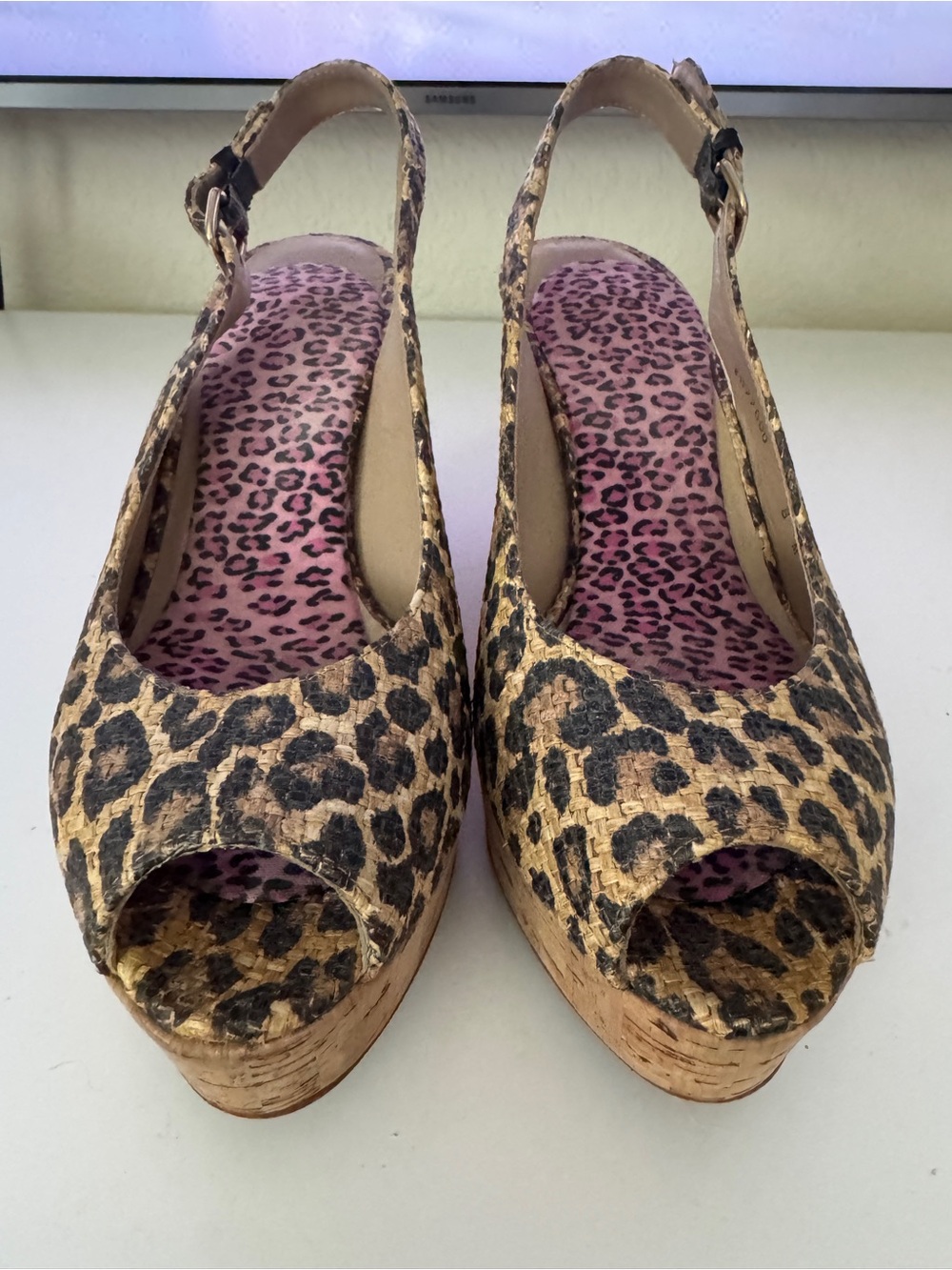 Stuart Weitzman Leopard Print Cork Wedges in Tan and Black - Picture 2 of 3